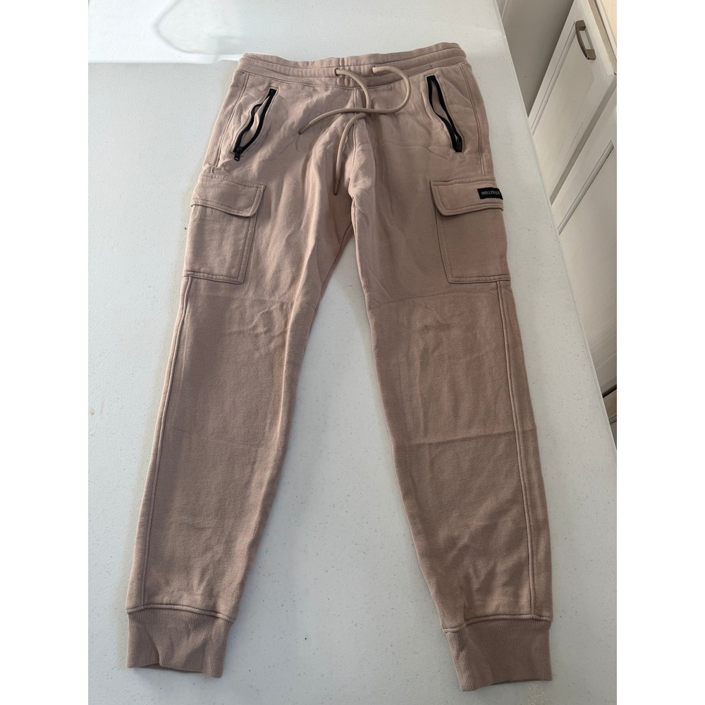 Hollister Mens Tan Fleece Cargo Jogger Sweatpants Small Zipper Pockets Slim Fit